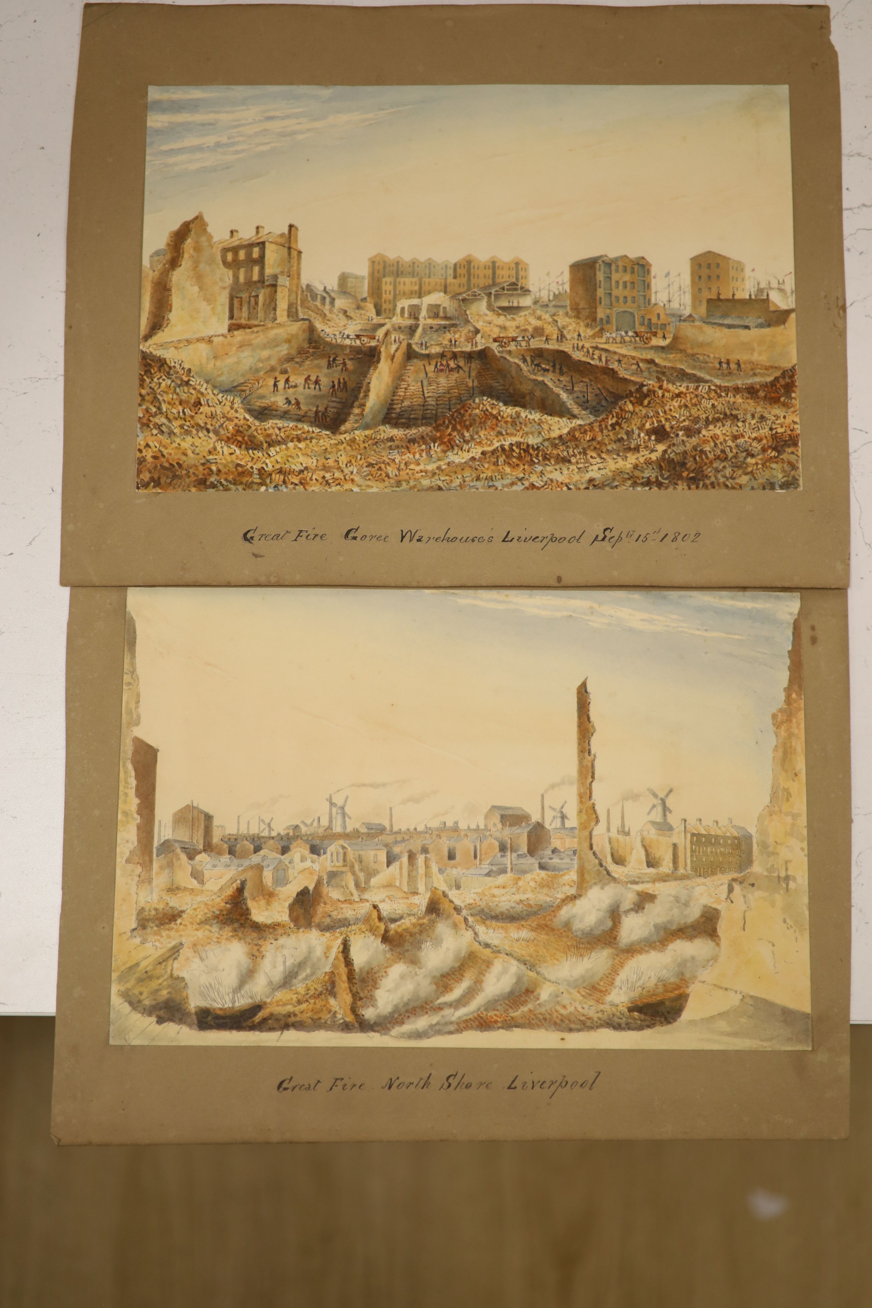 Liverpool History. Two Early 19th century watercolours of Great Fires; ‘Great Fire North Shore’ and ‘Great Fire Goree Warehouse, Liverpool Sept 15th 1802’, 19 x 29 cm. unframed